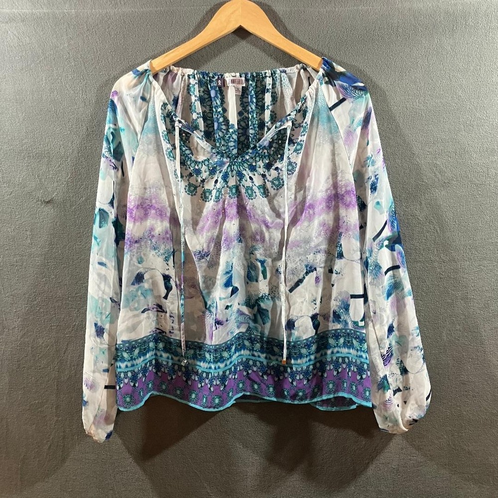 Jennifer Lopez Peasant Blouse Watercolor Rhinestone Split‎ Sleeve Boho Teal S